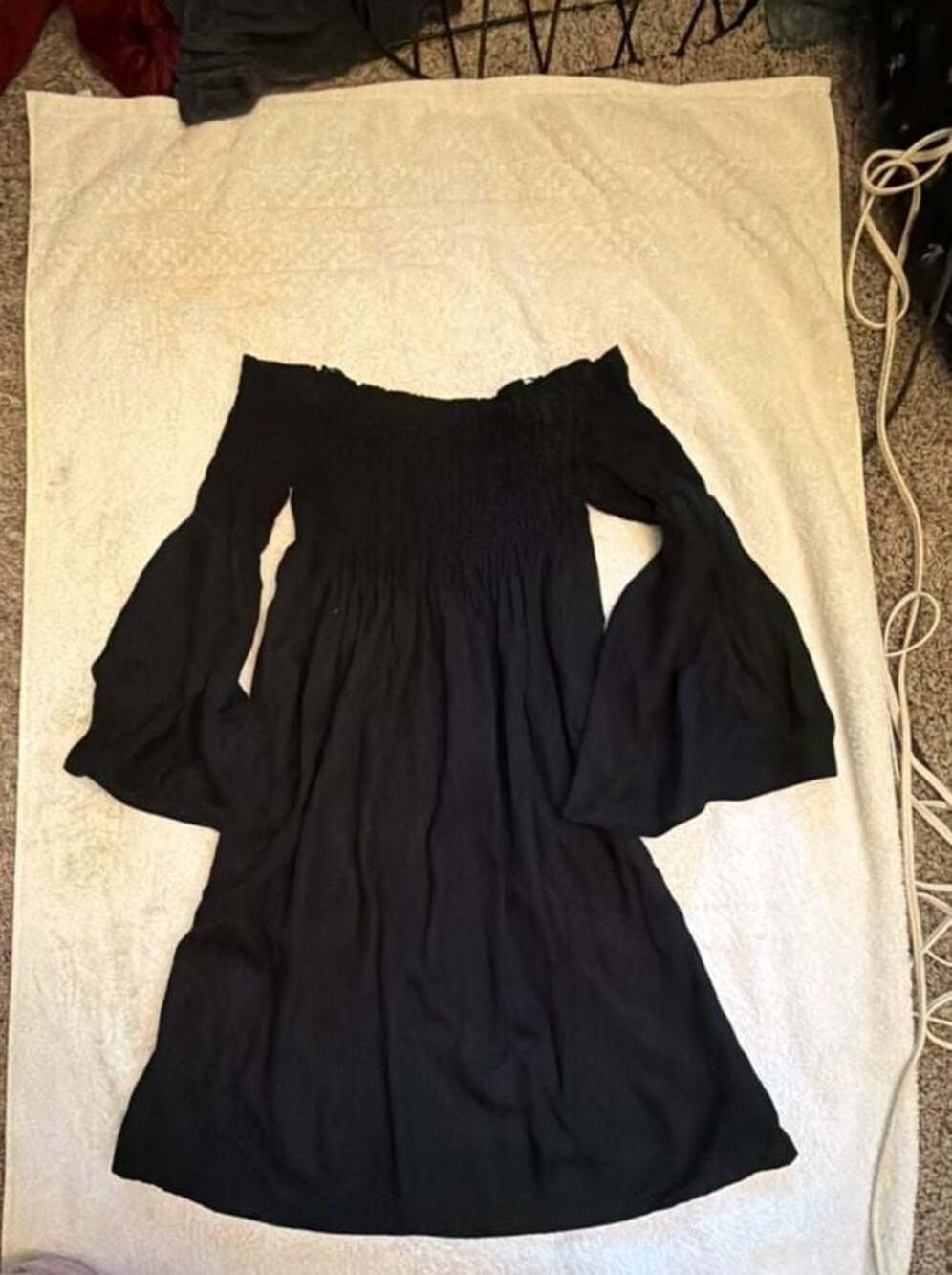 Zara Woman Black Smocked Off-The-Shoulder Long Bell Sleeve Mini Dress Size S